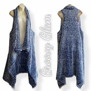 GROOVY GLAM Blue Plush Handmade Long Waterfall Vest Faux Shearling Teddy